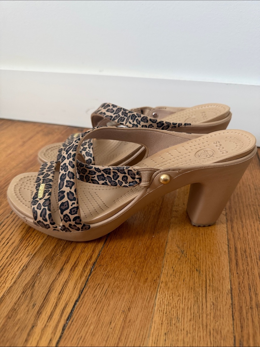 CROCS Cyprus Leopard-Print Strappy Platform Heels in Tan